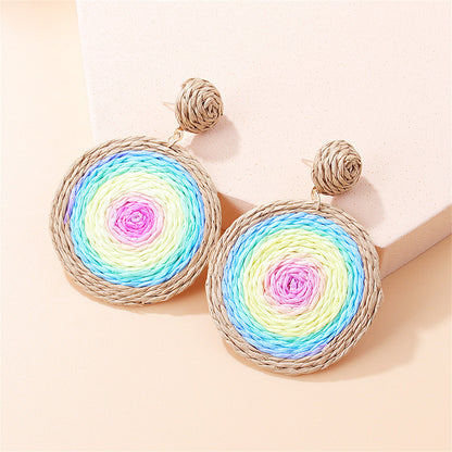 Blue and Pink Raffia Round Drop Earrings, drop earrings for women, dainty minimalist design, front view
