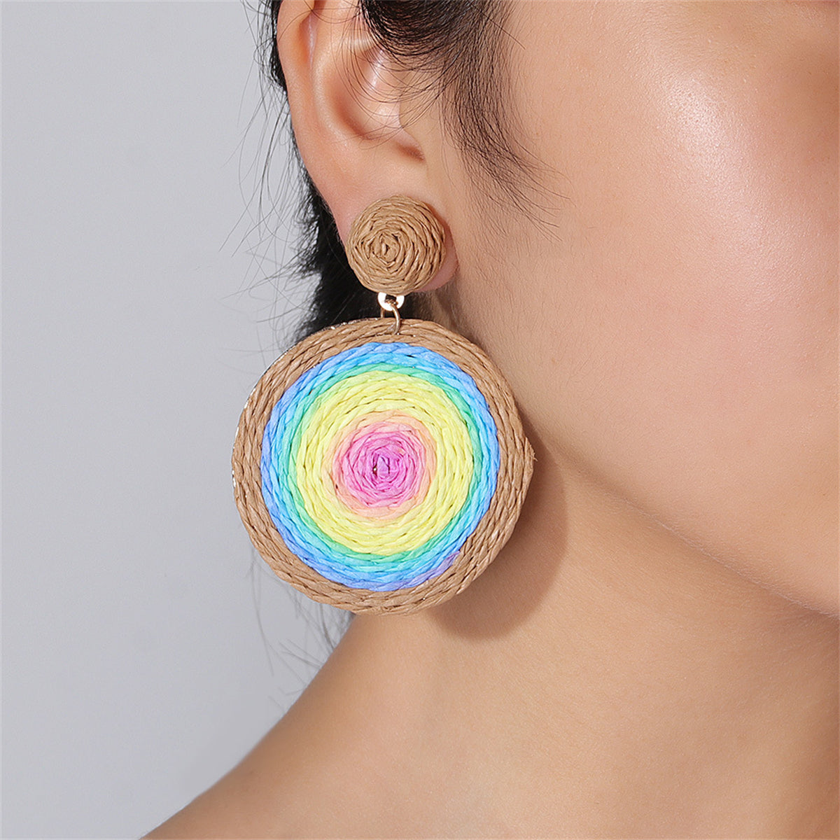 Blue and Pink Raffia Round Drop Earrings, drop earrings for women, dainty minimalist design, side view