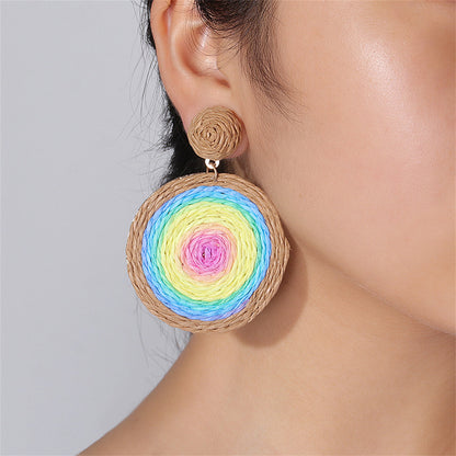 Blue and Pink Raffia Round Drop Earrings, drop earrings for women, dainty minimalist design, side view