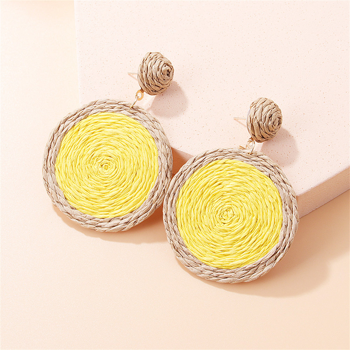 Yellow Raffia and 18K Gold-Plated Vortex Round Drop Earrings, gold drop earrings for women, front view