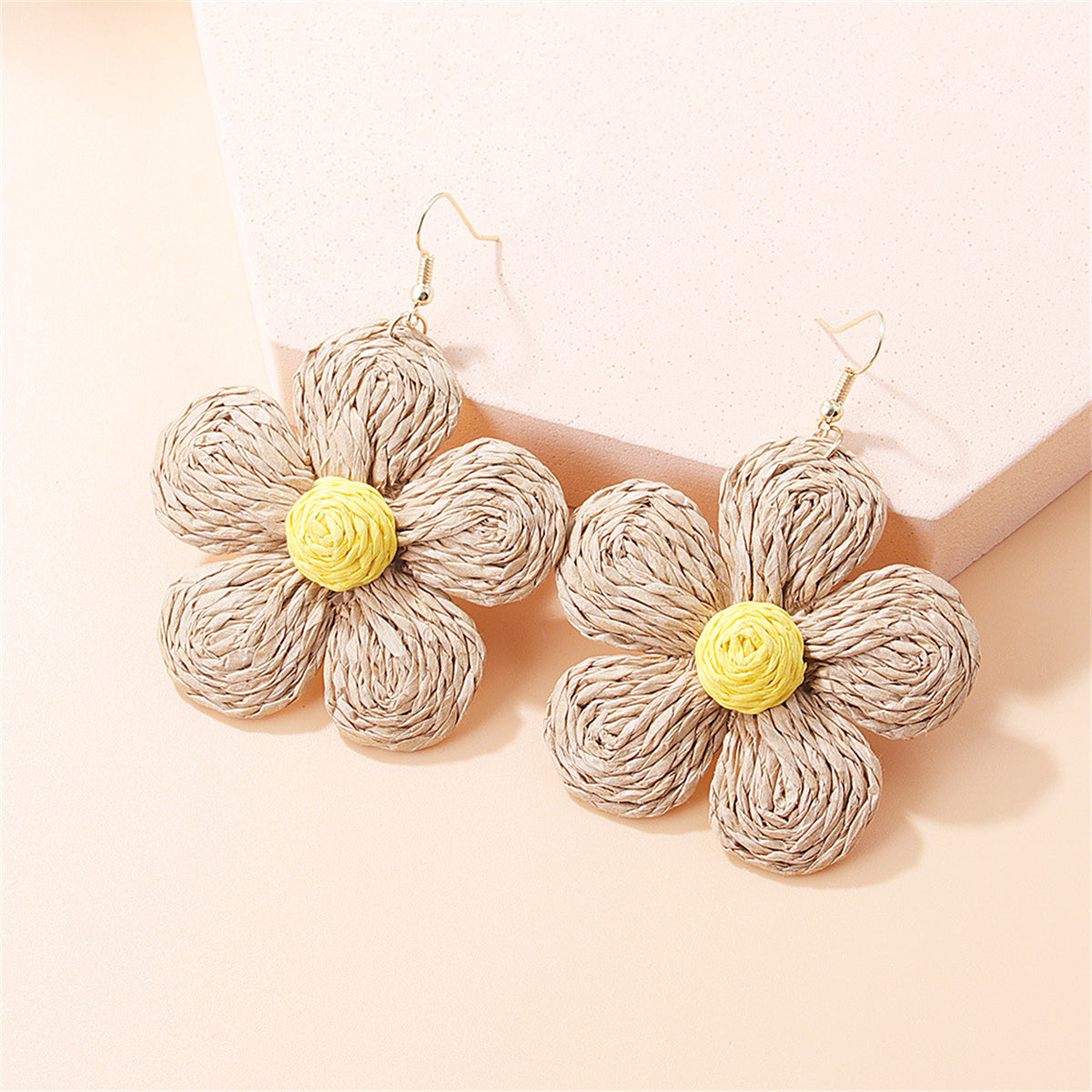 Khaki Raffia and 18K Gold-Plated Flower Drop Earrings, gold drop earrings for women, botanical inspired, front view