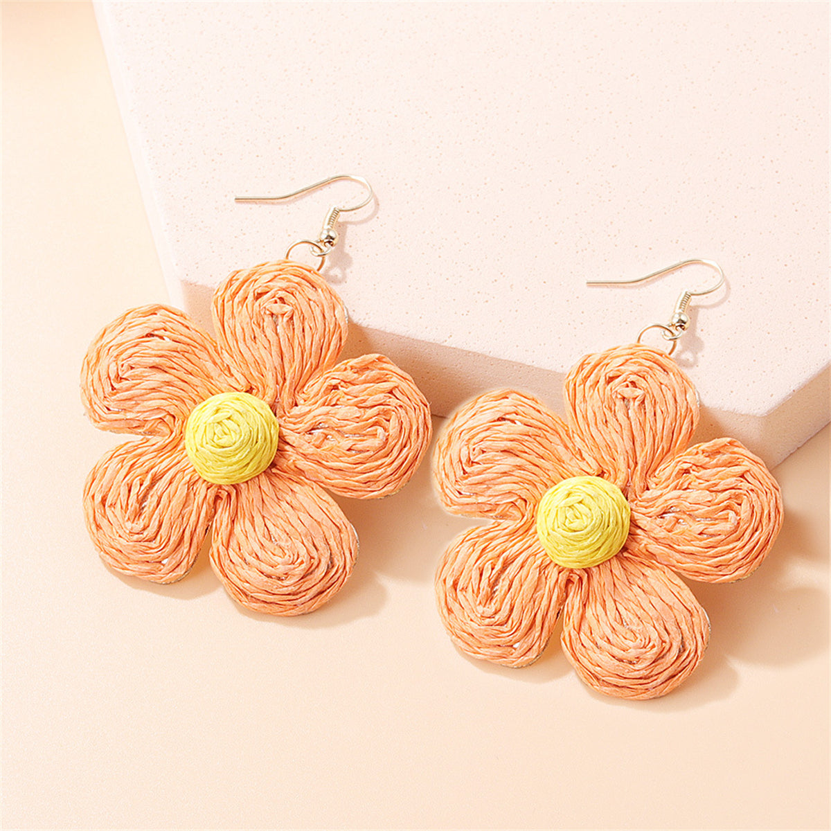 Orange and Yellow Floral Raffia Drop Earrings, drop earrings for women, vintage-inspired design, front view