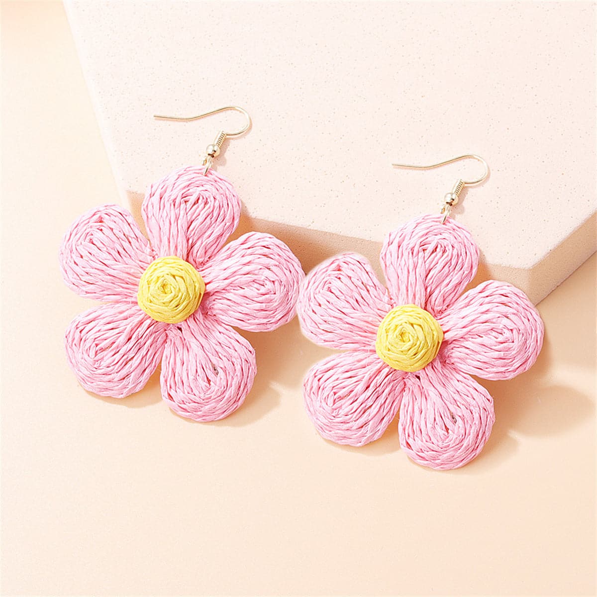 Pink Raffia and 18K Gold-Plated Flower Drop Earrings, gold drop earrings for women, elegant gift for her, front view
