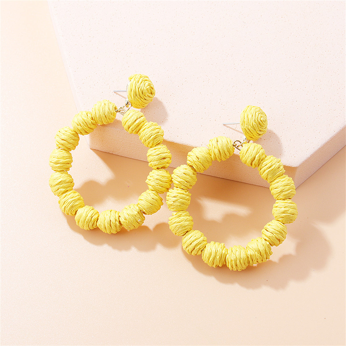 Yellow Raffia Ring Drop Earrings, drop earrings for women, vintage-inspired design, front view