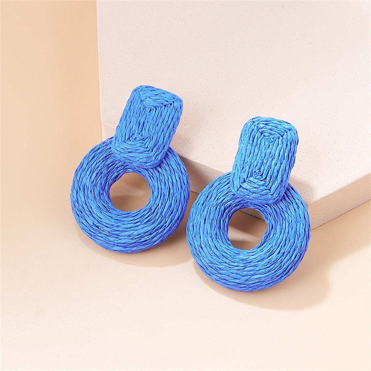 Blue Raffia Geo Drop Earrings, drop earrings for women, everyday style, front view