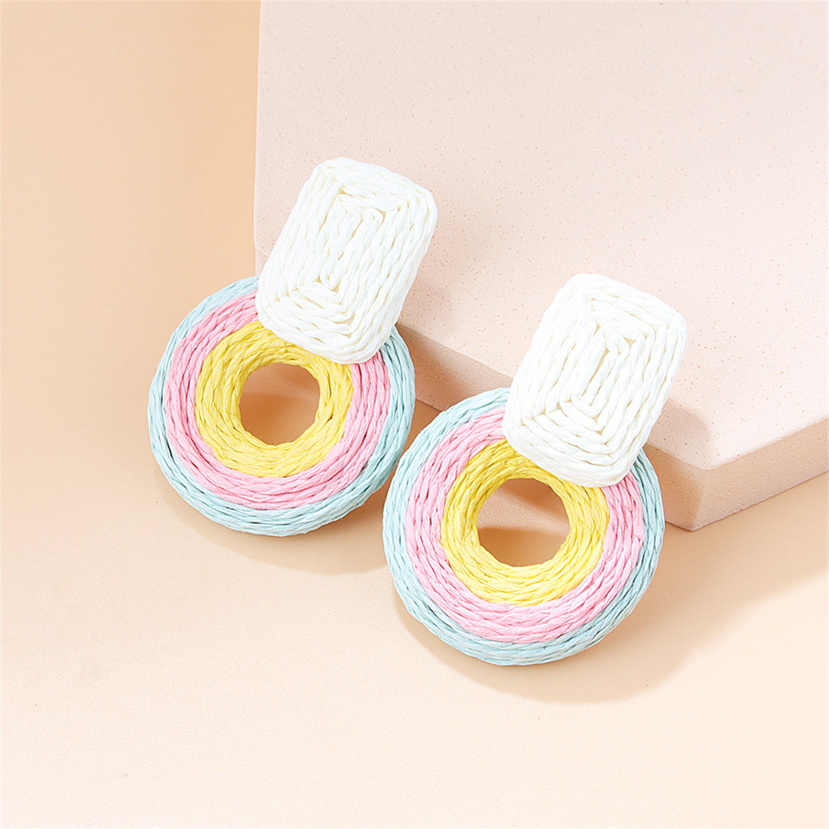 Light Blue and Yellow Raffia Geo Drop Earrings, drop earrings for women, vintage-inspired design, front view
