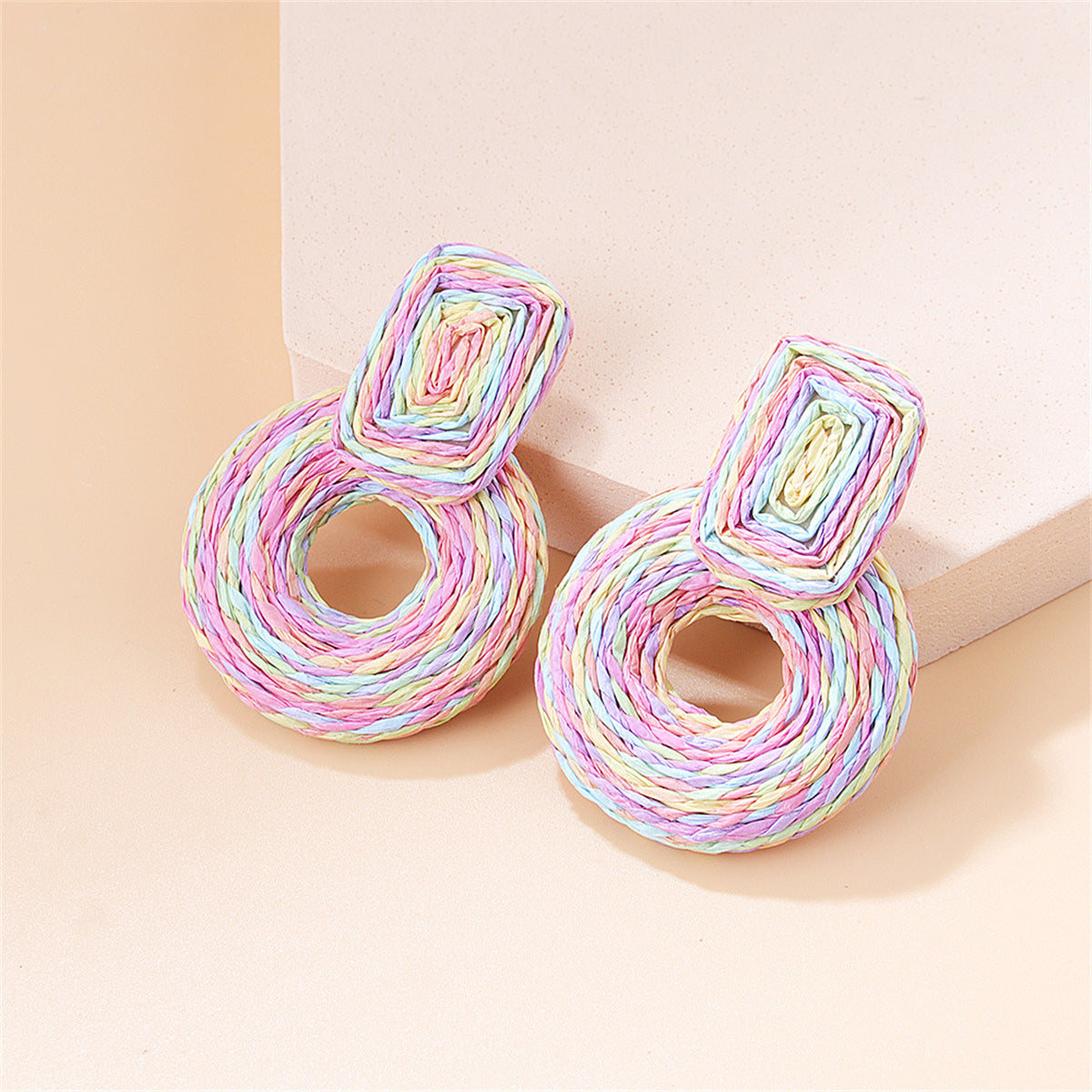Pink and Blue Raffia Geo Drop Earrings, drop earrings for women, dainty minimalist design, front view