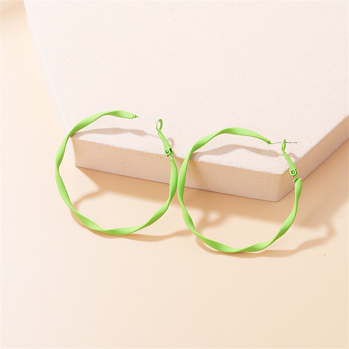 Green Enamel and Silver-Plated Twisted Hoop Earrings, elegant gift for her, front view