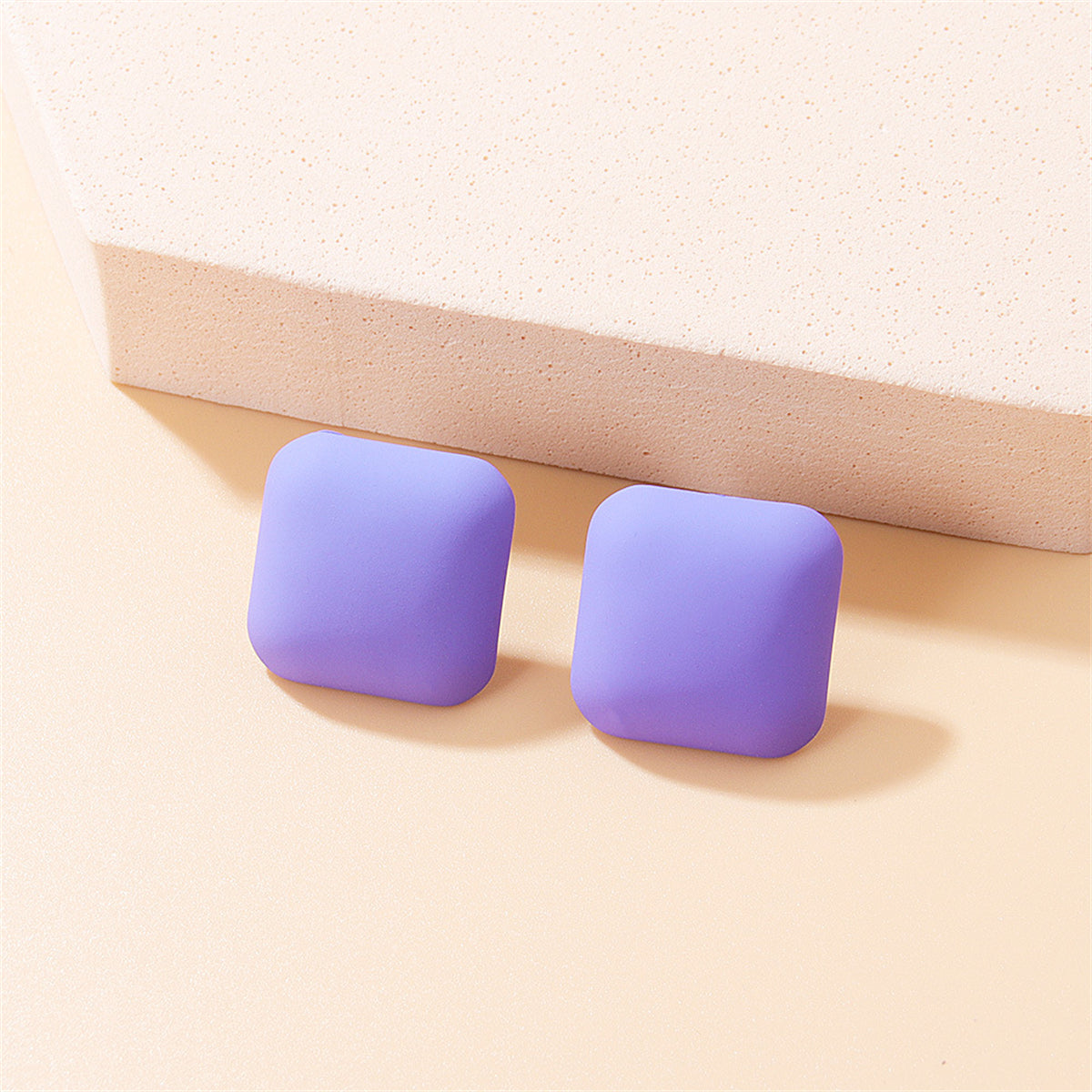 Purple Puffed Cube Stud Earrings, stud earrings for women, botanical inspired, front view