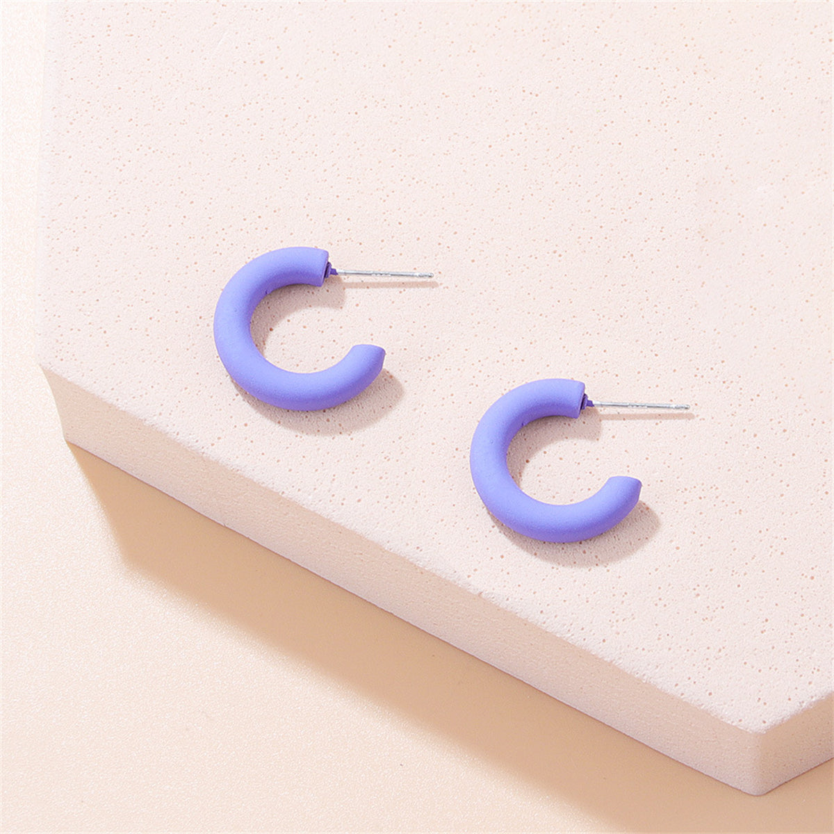 Purple Enamel and Silver-Plated C-Shaped Hoop Earrings, silver stud earrings for women, dainty minimalist design, front view