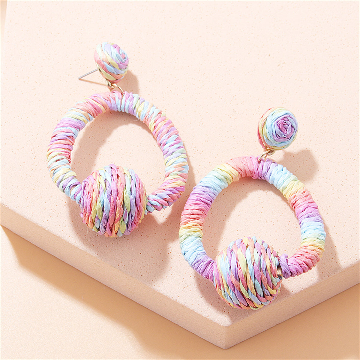 Pastel-Tone Raffia Oval Drop Earrings, drop earrings for women, elegant gift for her, front view