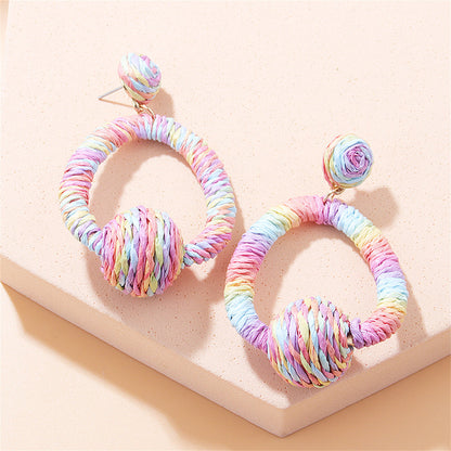 Pastel-Tone Raffia Oval Drop Earrings, drop earrings for women, elegant gift for her, front view