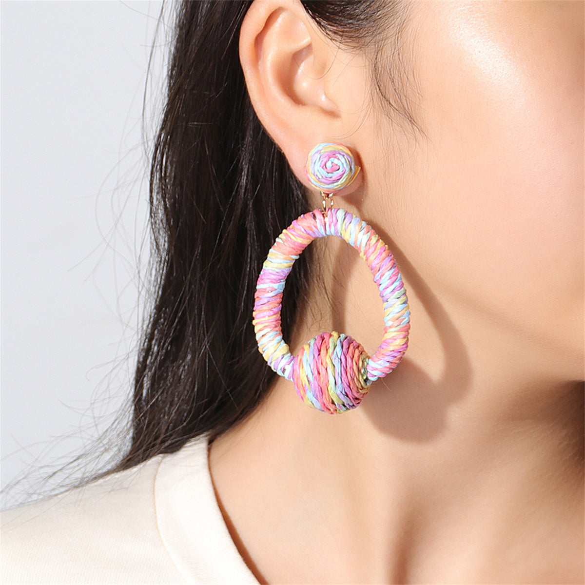 Pastel-Tone Raffia Oval Drop Earrings, drop earrings for women, elegant gift for her, side view