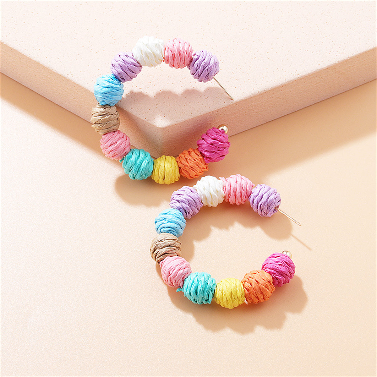 Pink and Purple Multicolor Raffia Beaded Hoop Earrings, elegant gift for her, front view