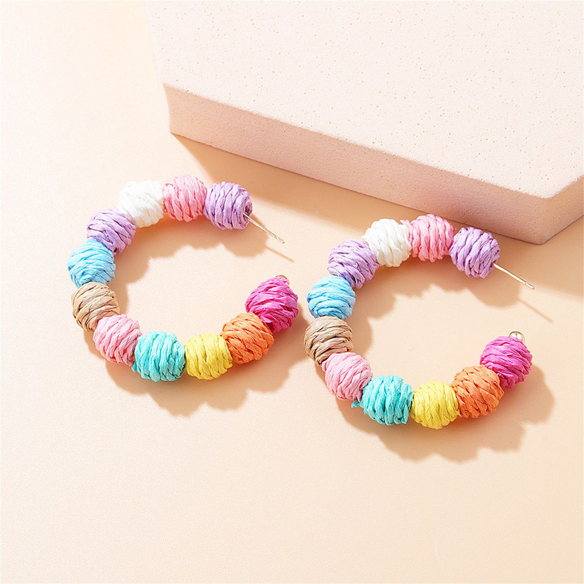 Pink and Purple Multicolor Raffia Beaded Hoop Earrings, elegant gift for her, lifestyle look