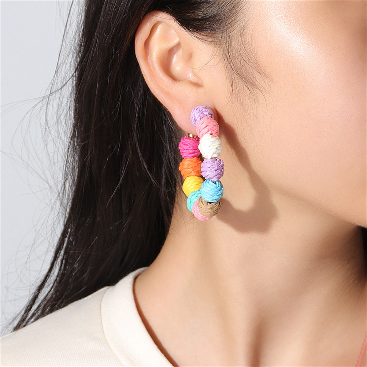 Pink and Purple Multicolor Raffia Beaded Hoop Earrings, elegant gift for her, styled look