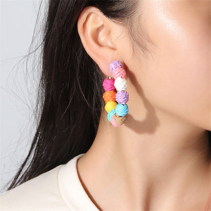 Pink and Purple Multicolor Raffia Beaded Hoop Earrings, elegant gift for her, styled look