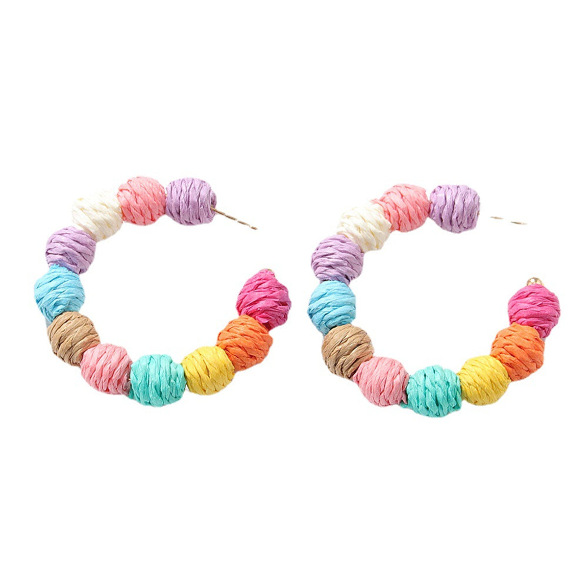Pink and Purple Multicolor Raffia Beaded Hoop Earrings, elegant gift for her, side view