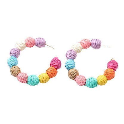 Pink and Purple Multicolor Raffia Beaded Hoop Earrings, elegant gift for her, side view