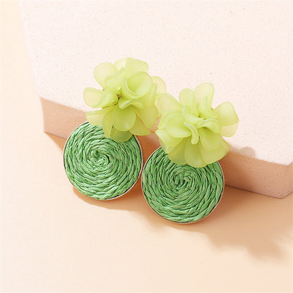 Green Raffia Flower Drop Earrings, drop earrings for women, vintage-inspired design, front view