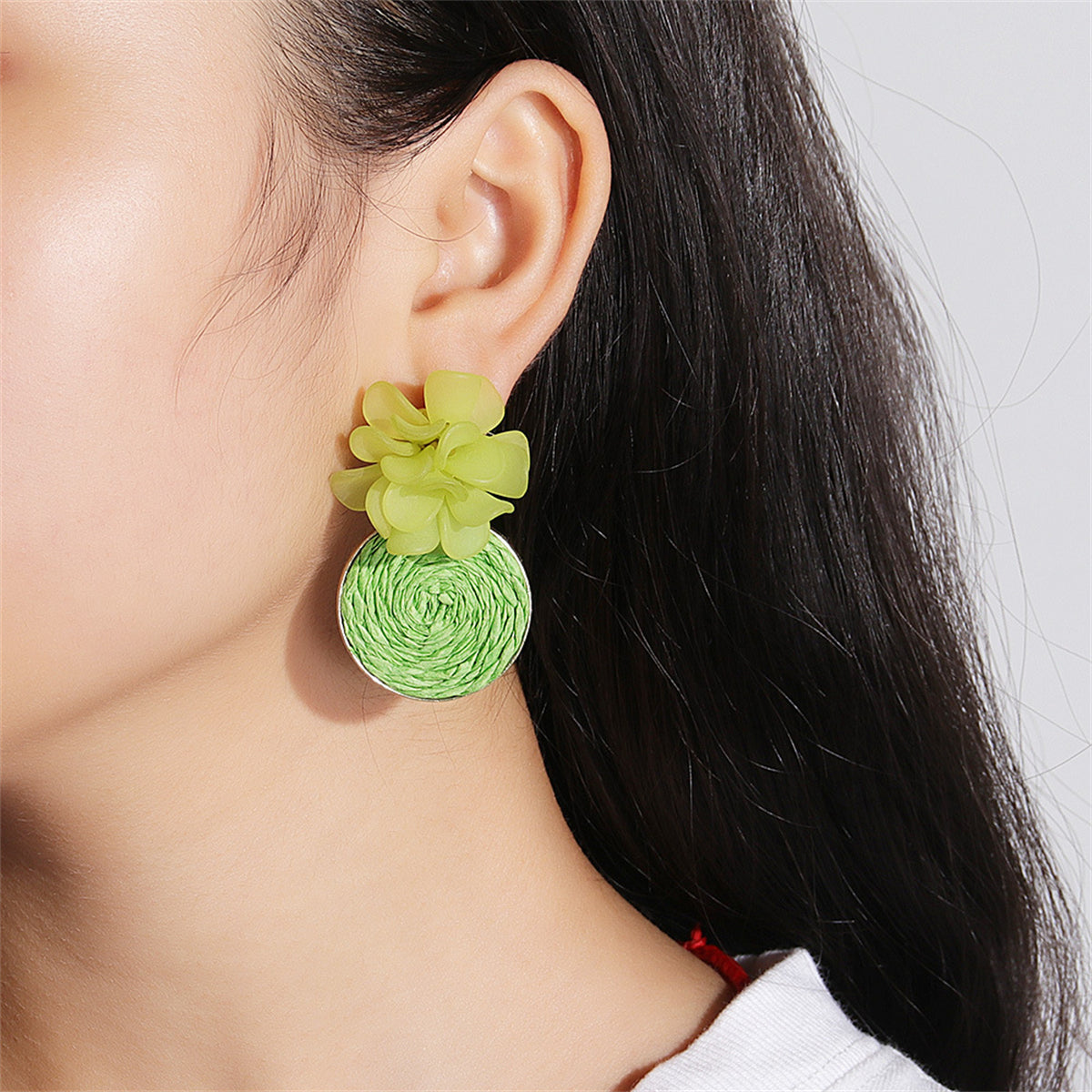 Green Raffia Flower Drop Earrings, drop earrings for women, vintage-inspired design, side view