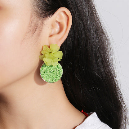 Green Raffia Flower Drop Earrings, drop earrings for women, vintage-inspired design, side view