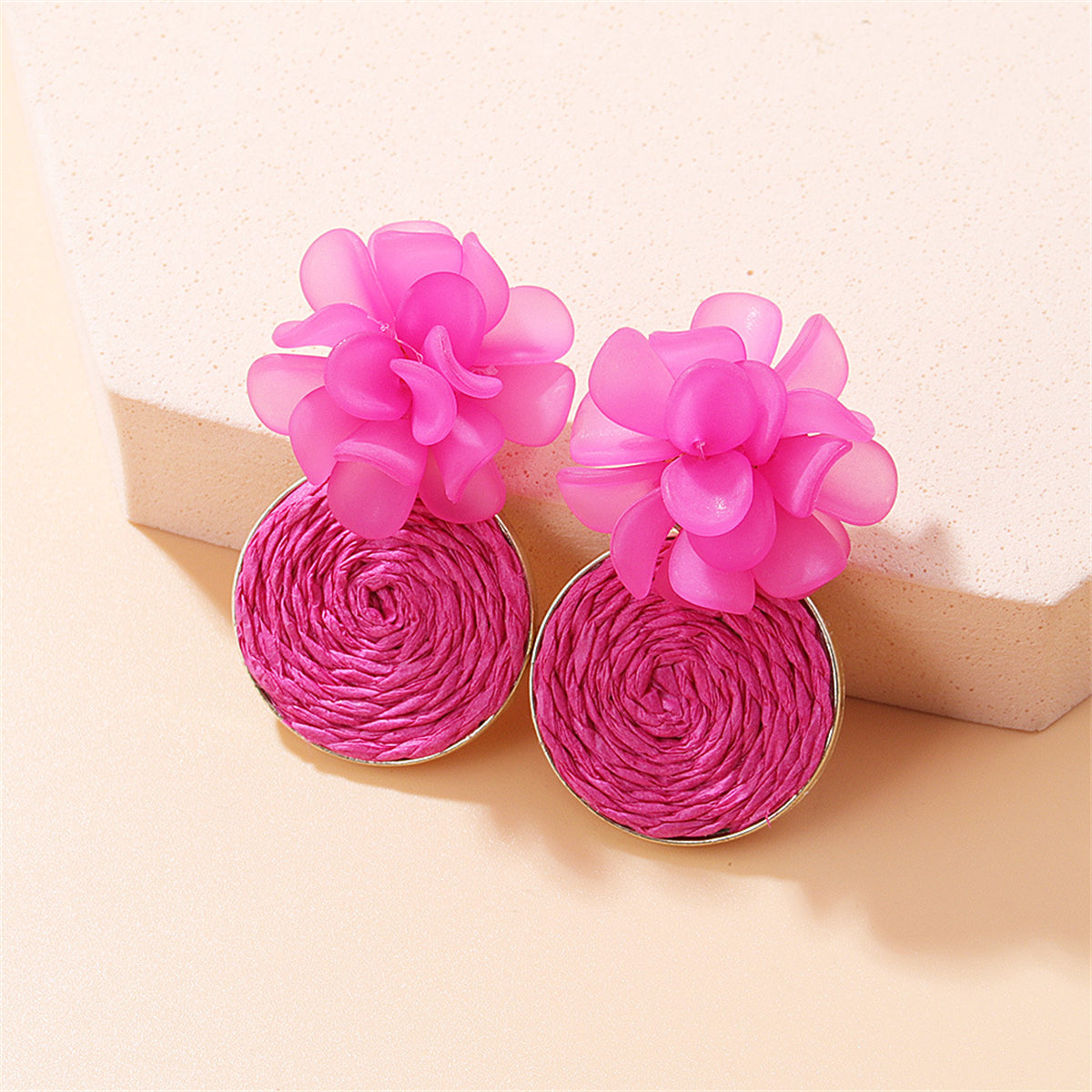 Rose Raffia Flower Drop Earrings, drop earrings for women, dainty minimalist design, front view