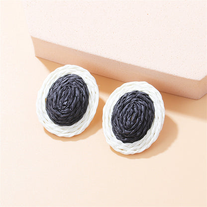 Black Raffia and Silver-Plated Oval Stud Earrings, silver stud earrings for women, dainty minimalist design, front view