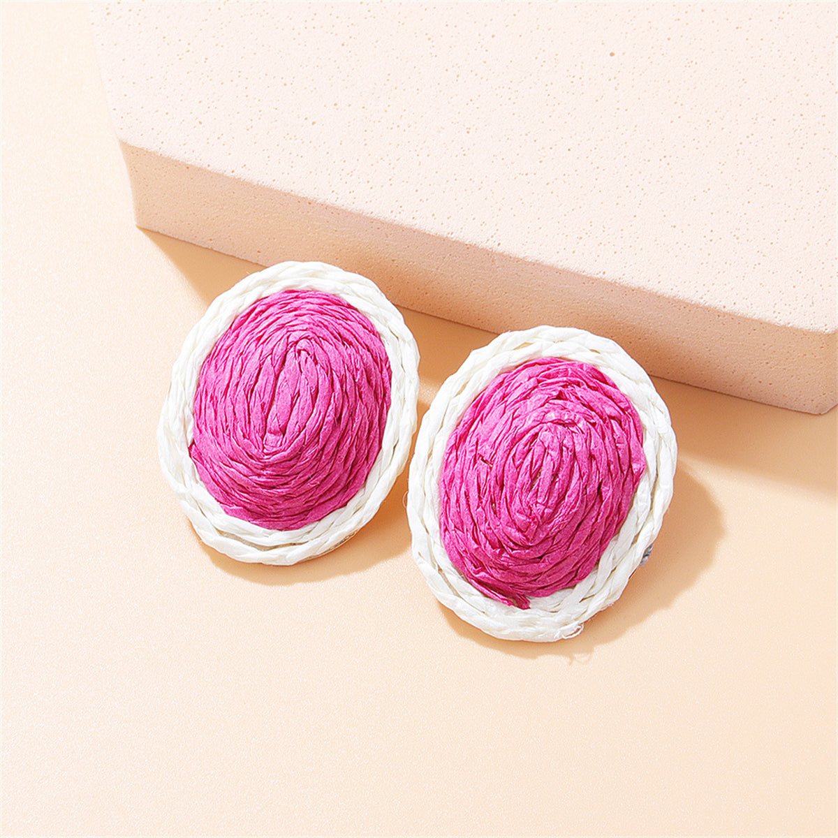 Rose and White Raffia Oval Stud Earrings, stud earrings for women, vintage-inspired design, front view