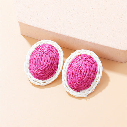 Rose and White Raffia Oval Stud Earrings, stud earrings for women, vintage-inspired design, front view