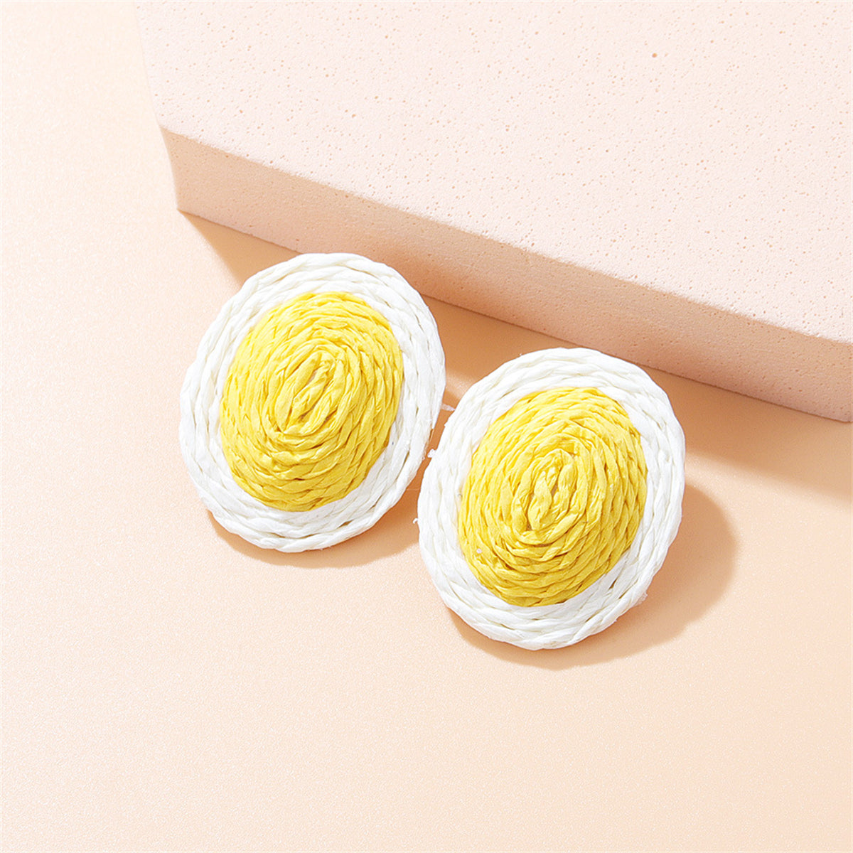Yellow and White Raffia Oval Stud Earrings, stud earrings for women, elegant gift for her, front view