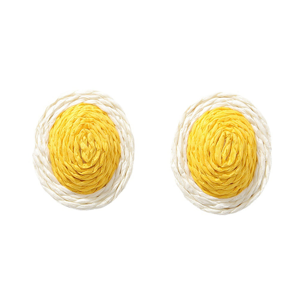 Yellow and White Raffia Oval Stud Earrings, stud earrings for women, elegant gift for her, side view