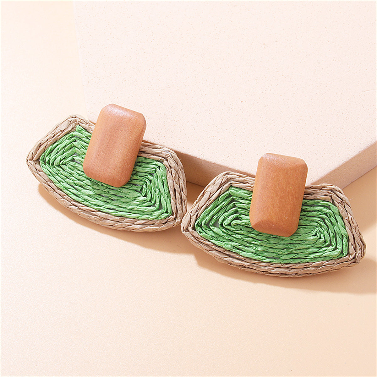 Green Raffia and Wood Ladder Drop Earrings, drop earrings for women, botanical inspired, front view