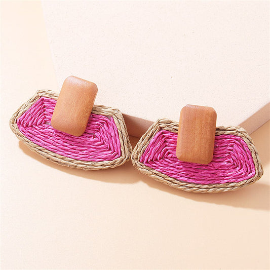 Rose Raffia and Wood Ladder Drop Earrings, drop earrings for women, vintage-inspired design, front view