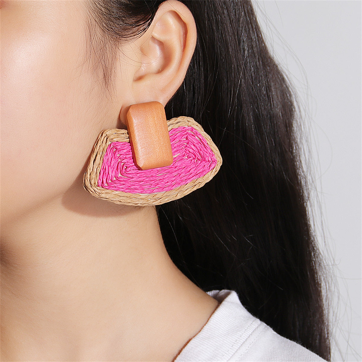 Rose Raffia and Wood Ladder Drop Earrings, drop earrings for women, vintage-inspired design, side view