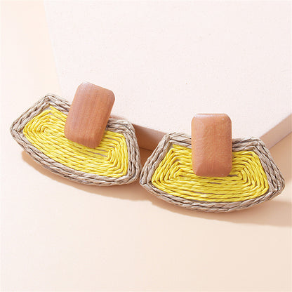 Yellow Raffia and Wood Ladder Drop Earrings, drop earrings for women, dainty minimalist design, front view
