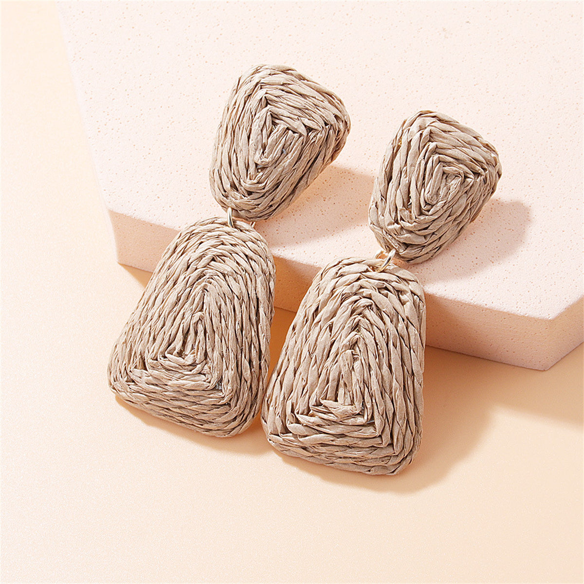 Khaki Raffia and 18K Gold-Plated Ladder Drop Earrings, gold drop earrings for women, vintage-inspired design, front view
