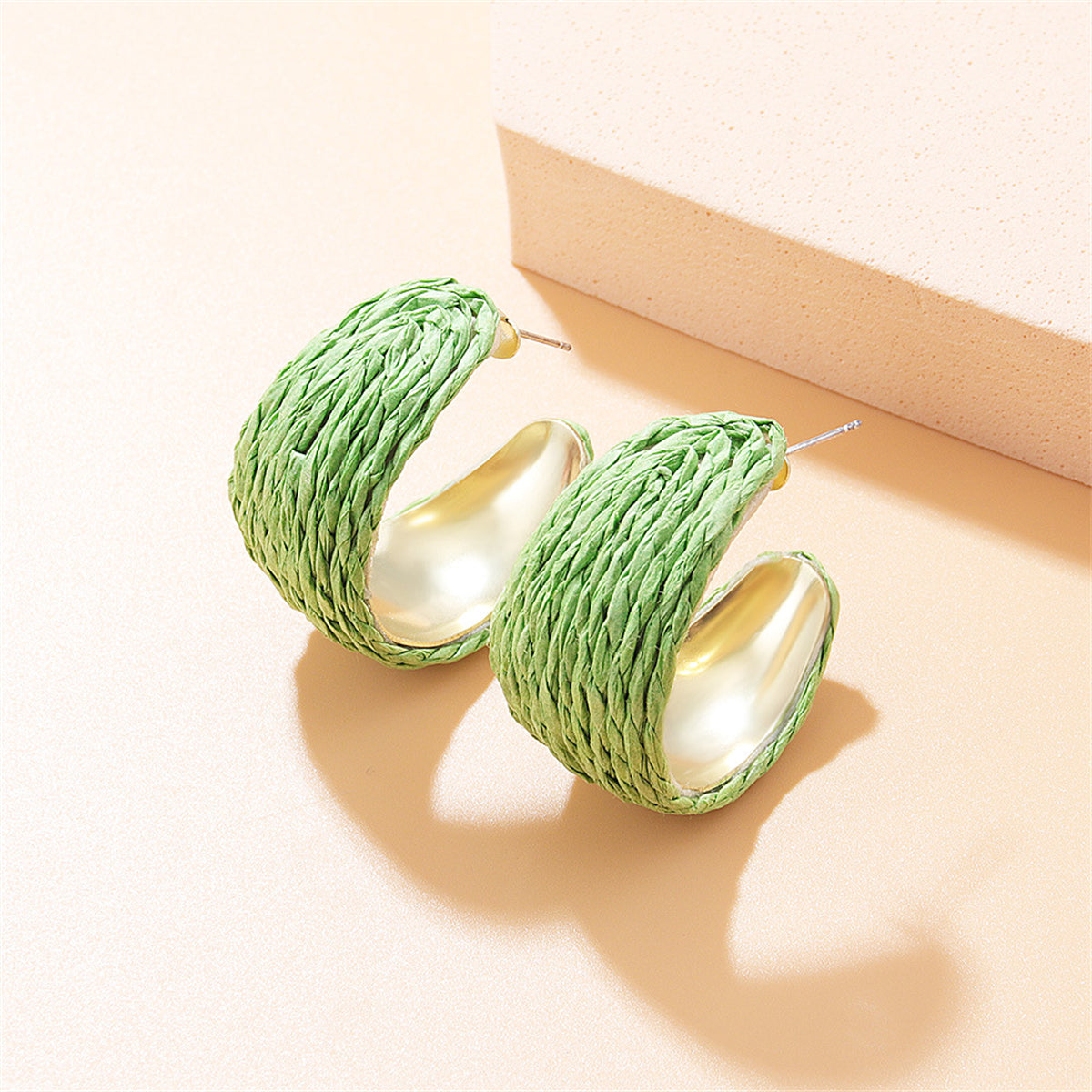 Green Raffia and 18K Gold-Plated Huggie Earrings, gold huggie earrings, elegant gift for her, front view