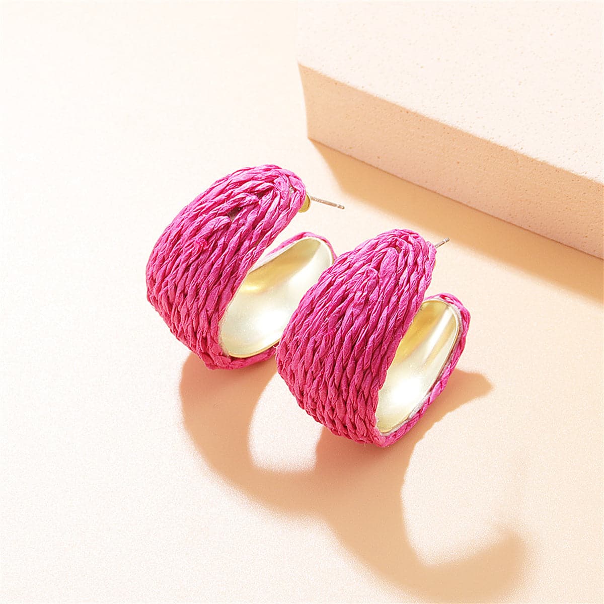 Rose Raffia and 18K Gold-Plated Huggie Earrings, gold huggie earrings, botanical inspired, front view
