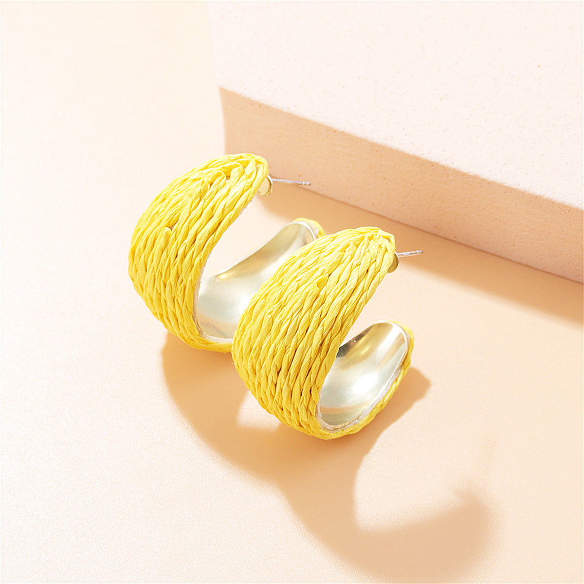 Yellow Raffia and 18K Gold-Plated Huggie Earrings, gold huggie earrings, elegant gift for her, front view