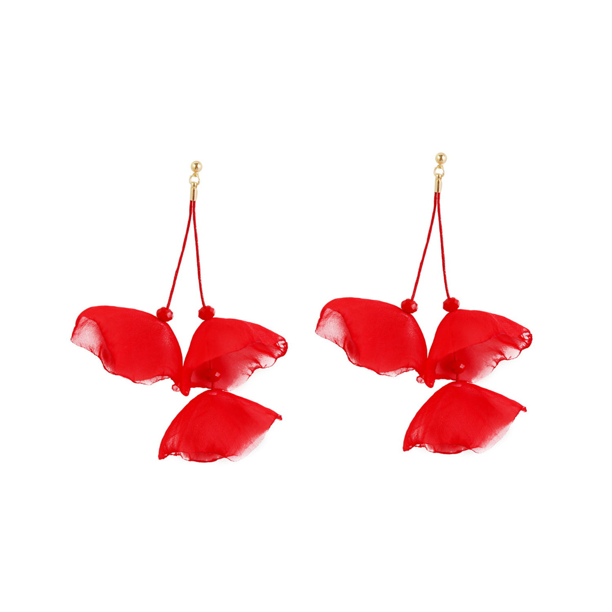 Red polyester three-petal drop earrings with gold-plated hooks, elegantly designed for a stylish accessory choice.