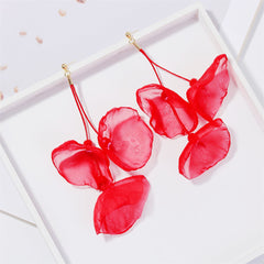 Stunning red polyester earrings shaped like flowers, adorned with 18K gold-plated hooks for a chic appearance.