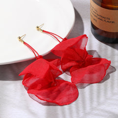 Beautiful red flower drop earrings made of polyester, featuring gold-plated hooks for an elegant touch.