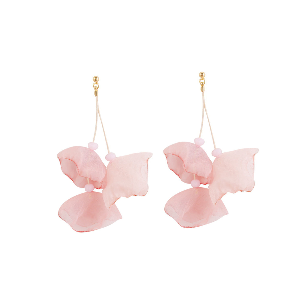 Delicate three-petal drop earrings made of pink silk, adorned with 18K gold-plated hooks for a touch of luxury.
