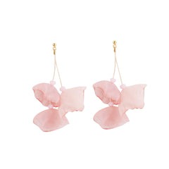 Delicate three-petal drop earrings made of pink silk, adorned with 18K gold-plated hooks for a touch of luxury.