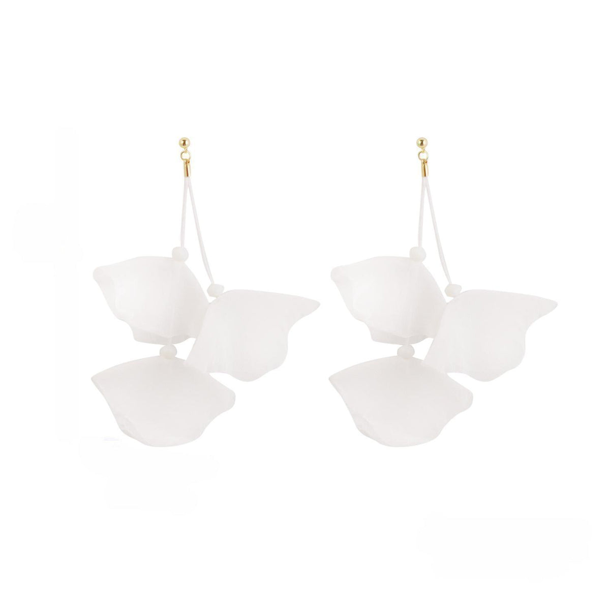 White Polyster and 18K Gold-Plated Three-Petal Drop Earrings, gold drop earrings for women, everyday style, front view