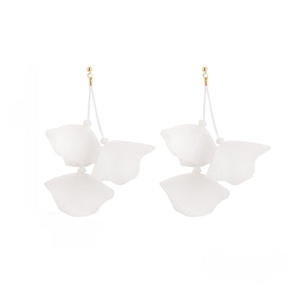 White Polyster and 18K Gold-Plated Three-Petal Drop Earrings, gold drop earrings for women, everyday style, front view