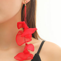 Red flower-shaped earrings with gold hooks, adding a vibrant touch and elegance to any outfit. Perfect for any occasion.