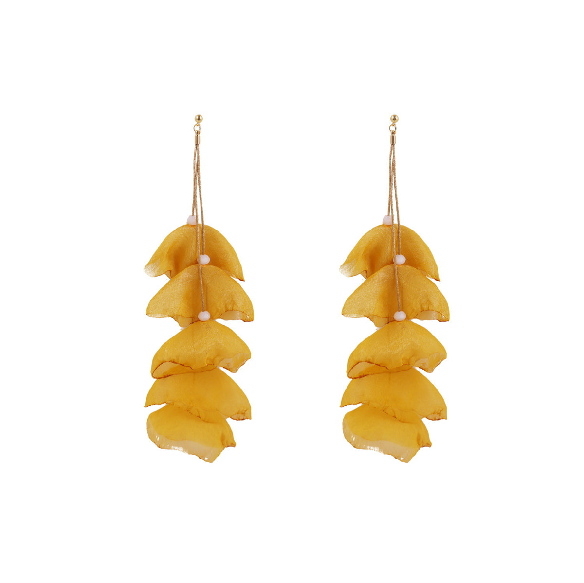 Yellow polyester five-petal drop earrings with gold-plated hooks, elegantly designed for a stylish accessory choice.