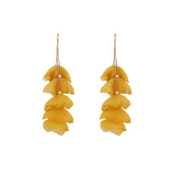 Yellow polyester five-petal drop earrings with gold-plated hooks, elegantly designed for a stylish accessory choice.